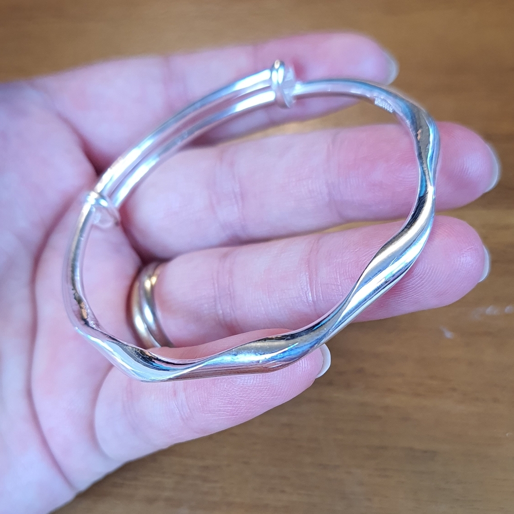 Solid 999 Sterling Silver Wave Bangle Bracelet
